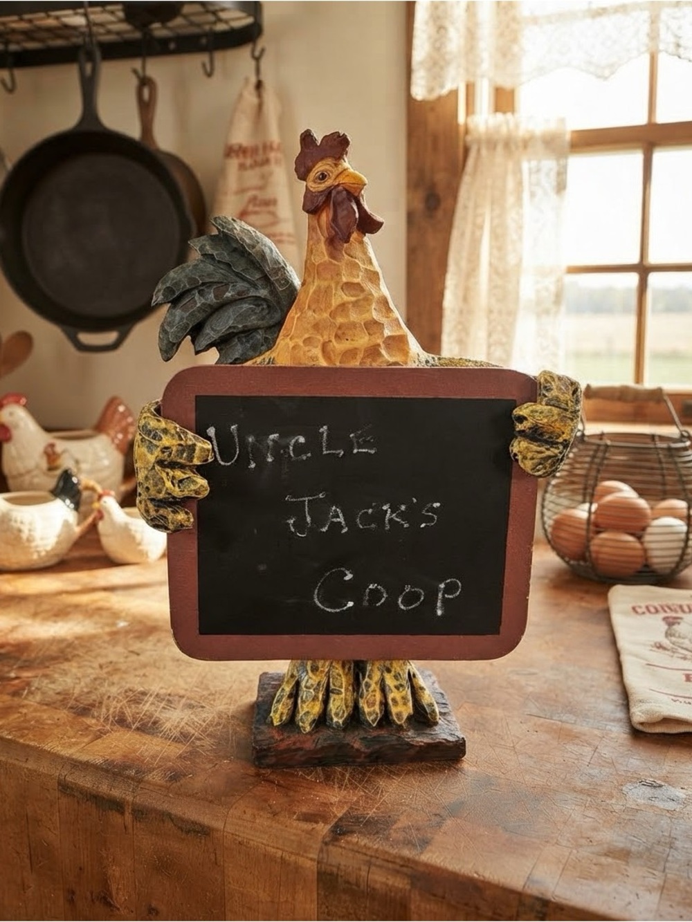 Vintage-style hand-painted Ganz rooster figurine holding a chalkboard 1990